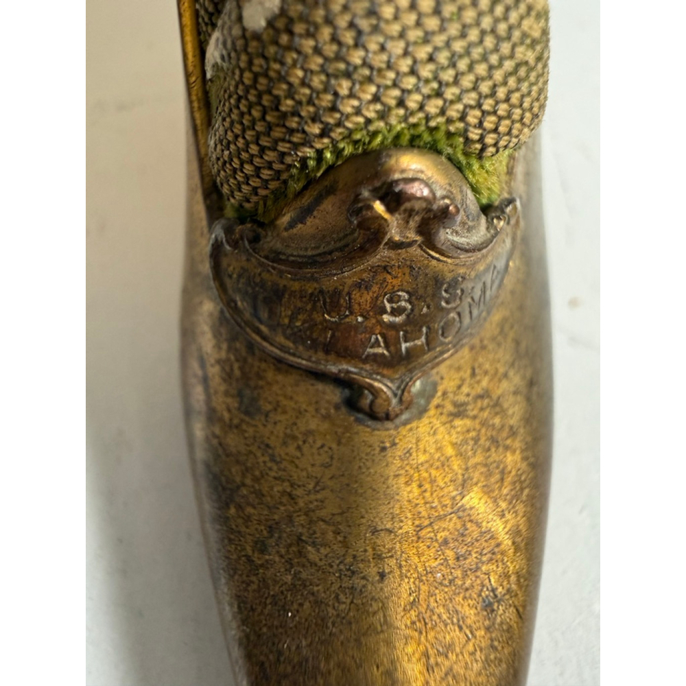 vintage brass shoe pin cushion souvenir USS Oklahoma Victorian - Picture 10 of 12